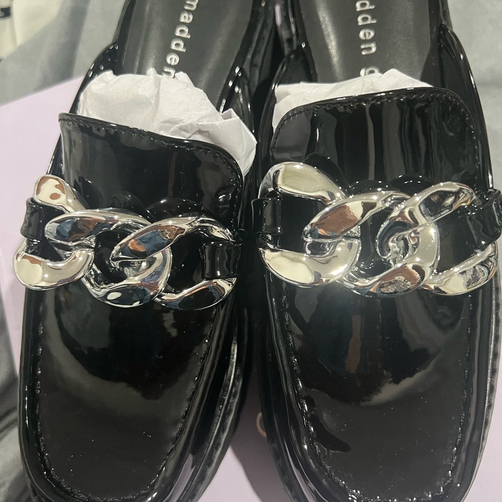 Madden Girl Black Loafers with Silver Chain